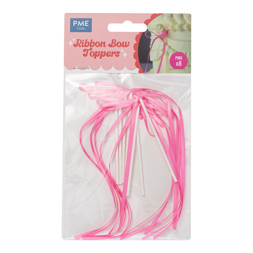 A set of 8 Pink Ribbon Bow Cake Toppers, manufactured by PME Cake. A set of 8 Pink Ribbon Bow Cake Toppers, manufactured by PME Cake.