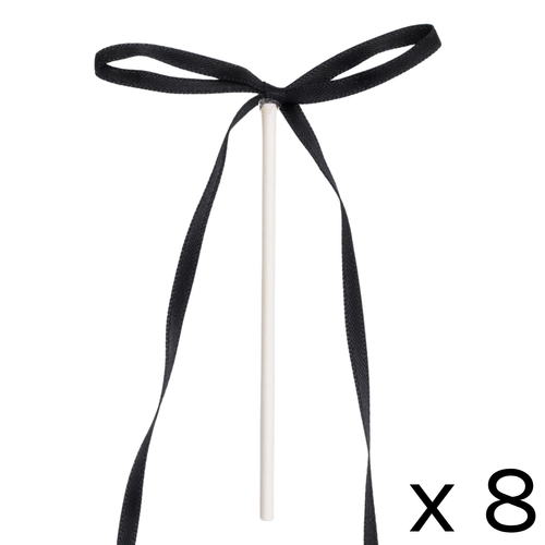 A set of 8 Black Ribbon Bow Cake Toppers, manufactured by PME Cake.