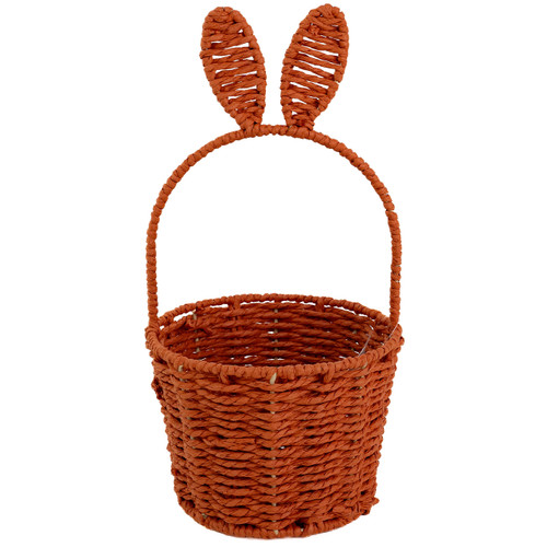 An orange Easter bunny basket with bunny ears.