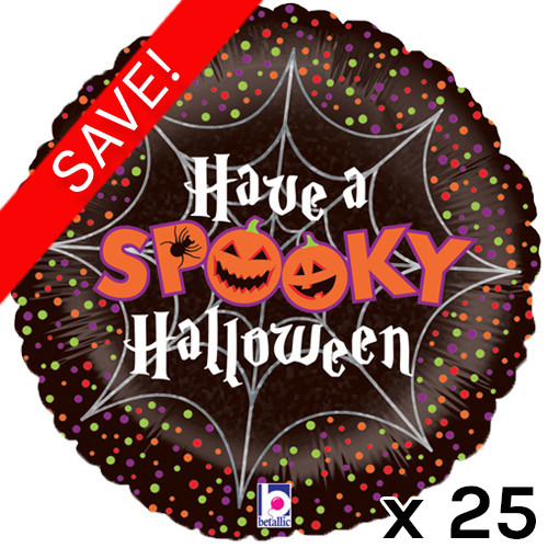 A pack of 25 18 inch spooky Halloween holographic foil balloons, manufactured by Betallic. A pack of 25 18 inch spooky Halloween holographic foil balloons, manufactured by Betallic.