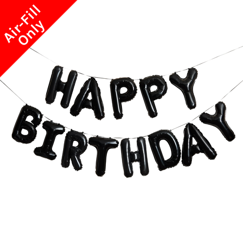 A 16 inch Happy Birthday Black Foil Letter Balloon Pack, manufactured by Hootyballoo. A 16 inch Happy Birthday Black Foil Letter Balloon Pack, manufactured by Hootyballoo.