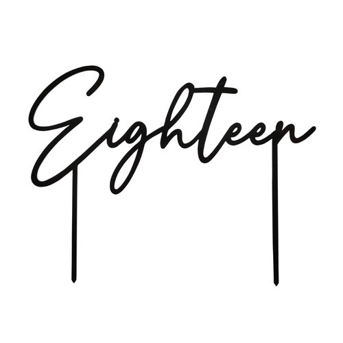 An Eighteen Black Acrylic Cake Topper, manufactured by Hootyballoo. An Eighteen Black Acrylic Cake Topper, manufactured by Hootyballoo.