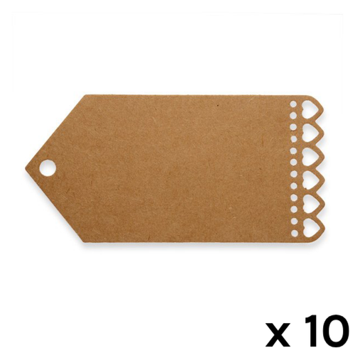 A set of 10 Kraft Heart Edge Gift Tags, measuring approx. 100mm x 50mm.