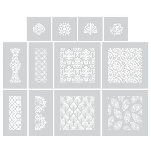 A 12 Piece Swirls, Florals & Feathers Stencil Set, manufactured by Crafter’s Companion.