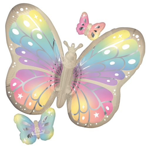 A 29 inch Satin Fluttering Dreams Butterflies Supershape Foil Balloon, manufactured by Anagram Europe.
