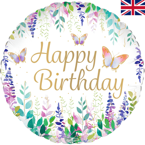 An 18 inch Happy Birthday Watercolour Floral Foil Balloon, manufactured by Oaktree UK.