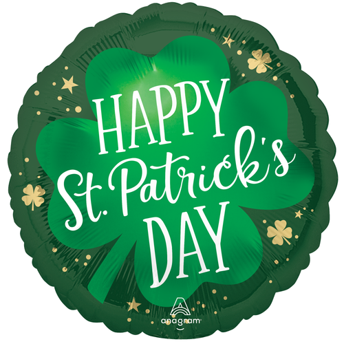 An 18 inch St. Patrick's Day Satin Lucky Shamrock Foil Balloon, manufactured by Anagram Europe.
