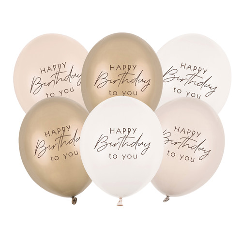 A pack of 6, 12 inch Happy Birthday To You Neutral Mix Latex Balloons, manufactured by Partydeco. A pack of 6, 12 inch Happy Birthday To You Neutral Mix Latex Balloons, manufactured by Partydeco.