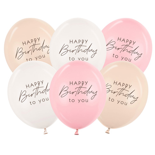 A pack of 6, 12 inch Happy Birthday To You Pink Mix Latex Balloons, manufactured by Partydeco. A pack of 6, 12 inch Happy Birthday To You Pink Mix Latex Balloons, manufactured by Partydeco.