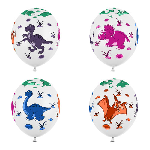 A pack of 6, 12 inch Dinosaurs White Latex Balloons, manufactured by Partydeco.