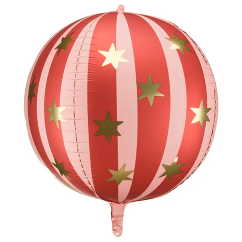 A 30 inch Matte Red Starry Stripe Ball Foil Balloon, manufactured by PartyDeco. A 30 inch Matte Red Starry Stripe Ball Foil Balloon, manufactured by PartyDeco.
