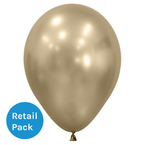 A silk gold dust latex balloon with a 12 inch diameter, manufactured by Sempertex.