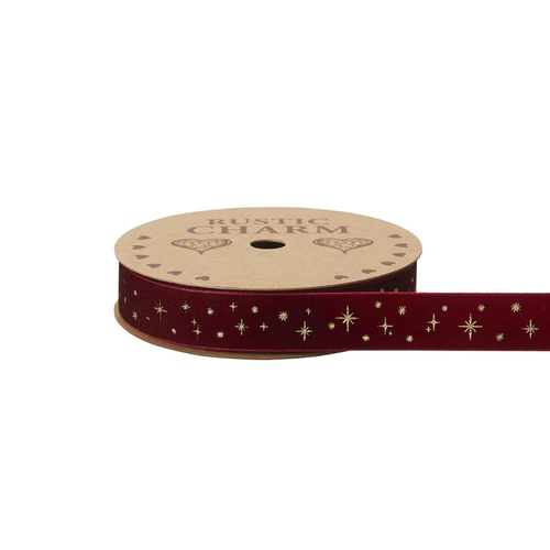 A spool of Dark Red Gold Foil Star Velvet Ribbon, measuring approx. 25mm x 10m.