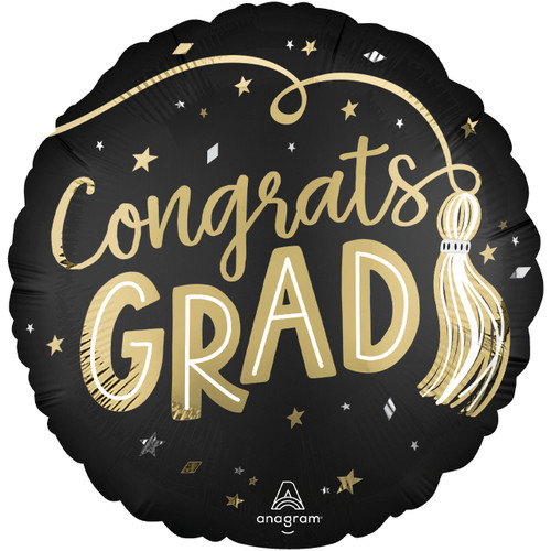 An 18 inch congrats grad black and gold satin twiriling tassels foil balloon, manufactured by Anagram.