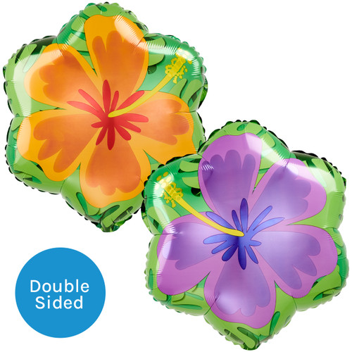 A 17 inch orange and purple summer hibiscus foil balloon, manufactured by Anagram.