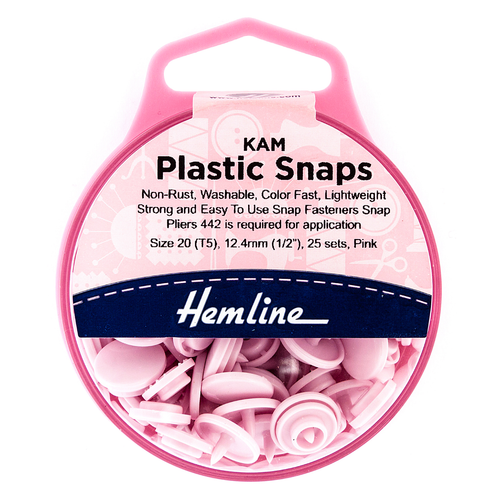 A pot with 25 sets of Pink KAM Plastic Snap Fasteners, each measuring 12.4mm.