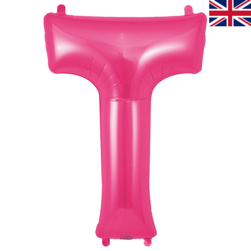 A 34 inch Oaktree Pink Letter T Foil Balloon, manufactured by Oaktree.
