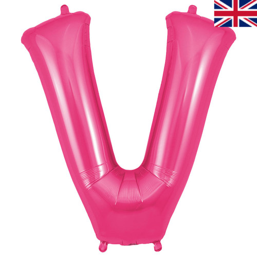 A 34 inch Oaktree Pink Letter V Foil Balloon, manufactured by Oaktree.