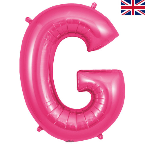 A 34 inch Oaktree Pink Letter G Foil Balloon, manufactured by Oaktree.