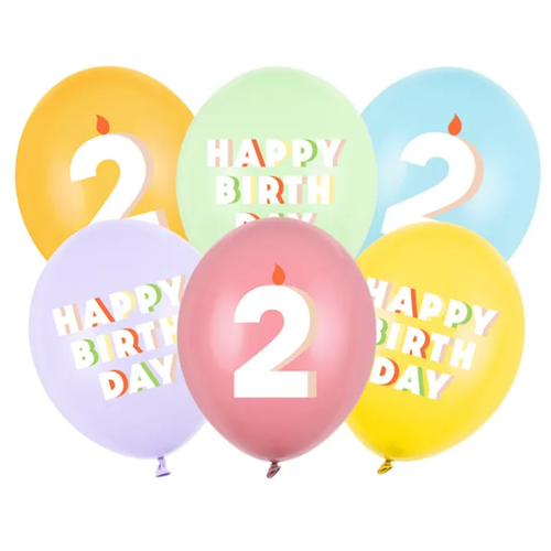 A pack of 6 12 inch Happy Birthday Age 2 Bright Pastel Latex Balloons, manufactured by PartyDeco.