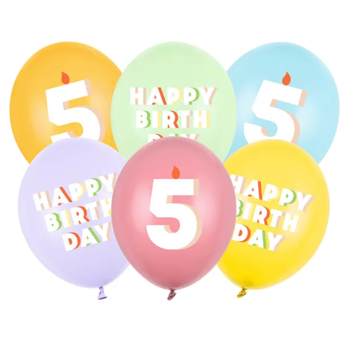 A pack of 6 12 inch Happy Birthday Age 5 Bright Pastel Latex Balloons, manufactured by PartyDeco.