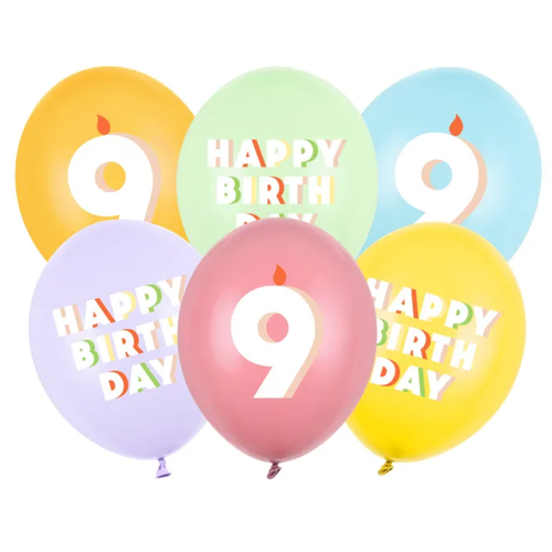 A pack of 6 12 inch Happy Birthday Age 9 Bright Pastel Latex Balloons, manufactured by PartyDeco.