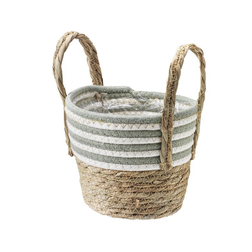 A Sage Green Stripe Medium Caspian Natural Basket, measuring approx. 18cm.