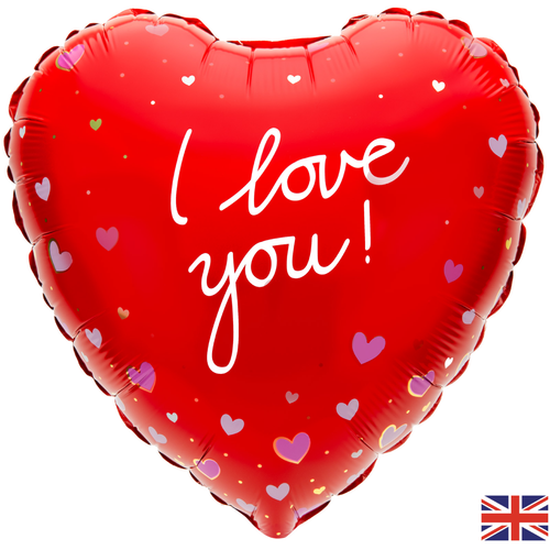 An 18 inch I Love You Hearts & Dots Heart Foil Balloon, manufactured by Oaktree.