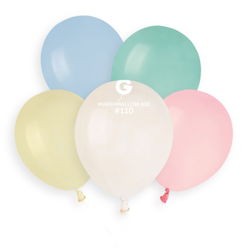 An assorted bag of 50 5" Marshmallow Latex Balloons, manufactured by Gemar.