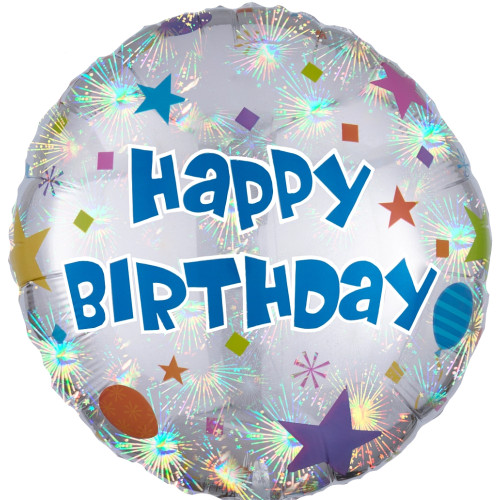 An 18 inch Silver Happy Birthday Holographic Round Foil Balloon, manufactured by Anagram Europe.
