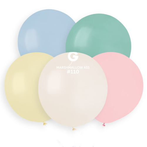 An assorted bag of 25 19" Marshmallow Latex Balloons, manufactured by Gemar.