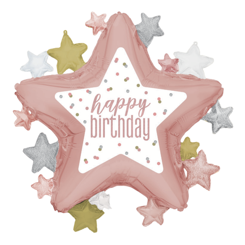 A 22 inch Glitz Rose Gold Star Happy Birthday Foil Balloon, manufactured by Unique.