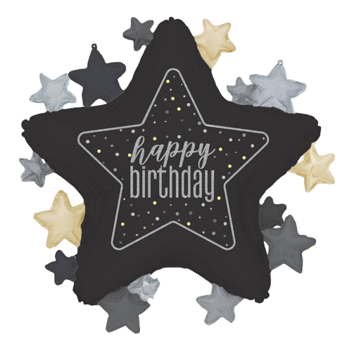 A 22 inch Glitz Black Star Happy Birthday Foil Balloon, manufactured by Unique.