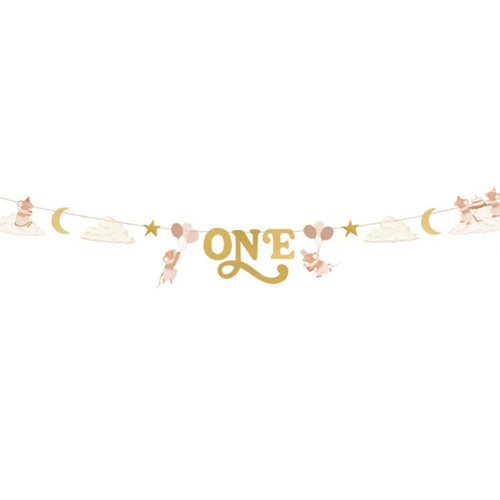 A Gold Mice Number 1 Birthday Banner, manufactured by PartyDeco.