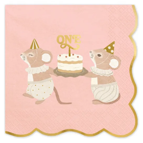 A pack of Pale Pink Mice Number 1 Paper Napkins, manufactured by PartyDeco.