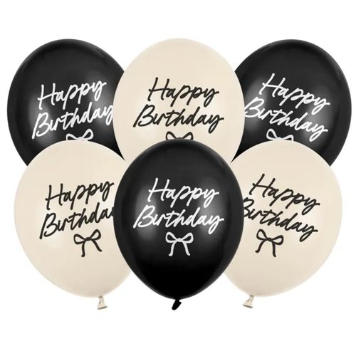 A pack of 12 inch Cream & Black Bows Happy Birthday Latex Balloons, manufactured by PartyDeco.