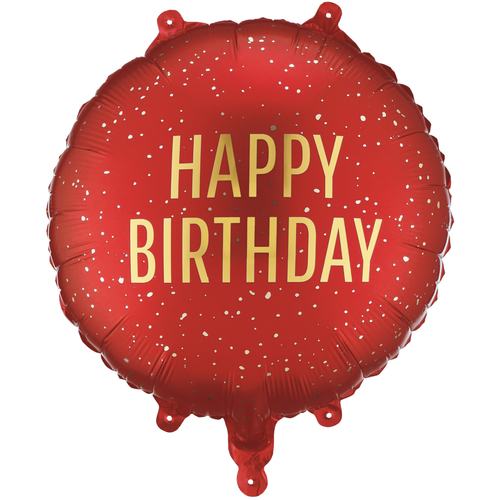 An 18 inch Happy Birthday Red Speckled Foil Balloon, manufactured by PartyDeco.