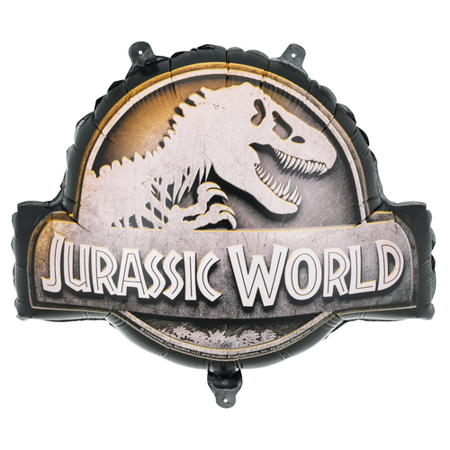 An 18 inch Jurassic World Logo Foil Balloon, manufactured by PartyDeco.