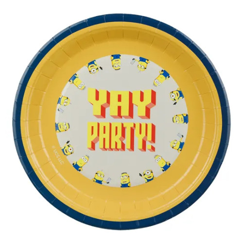 A pack of 6 Minions Paper Plates, manufactured by PartyDeco.
