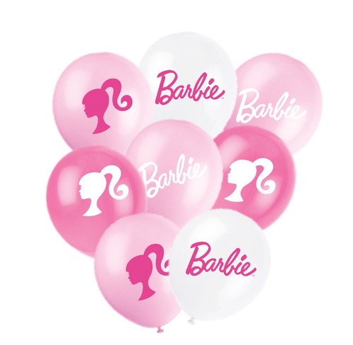 A pack of 8 12 inch Barbie Style Assorted Latex Balloons, manufactured by Unique.