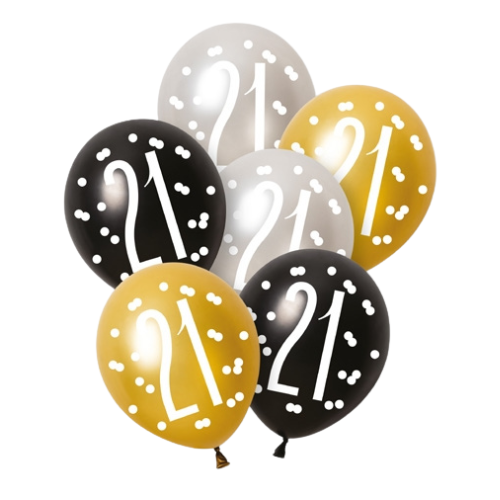 A retail pack of 6 12 inch Glitz Number 21 Assorted Latex Balloons, manufactured by Unique.