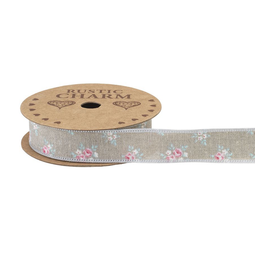 A reel of Taupe Freya Floral Ribbon, measuring approx. 25mm x 10m.