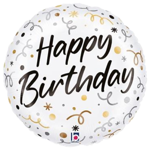 An 18 inch Happy Birthday Streamers Satin Foil Balloon, manufactured by Betallic.