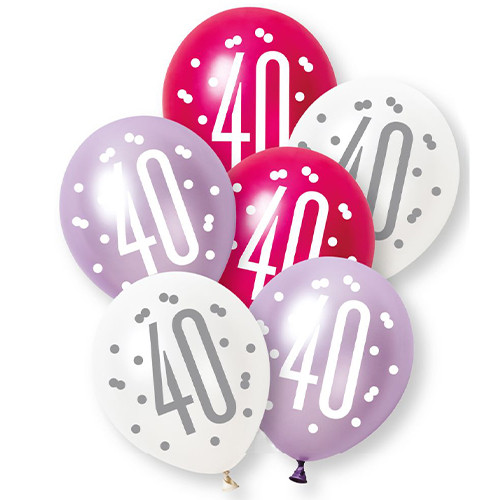 A pack of 6 12 inch 40th birthday pink and purple glitz latex balloons, manufactured by Unique.