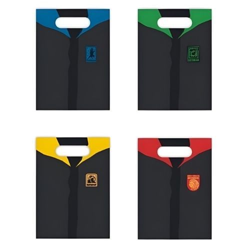 A pack of 8 Harry Potter House Cloaks Party Bags, manufactured by Unique.