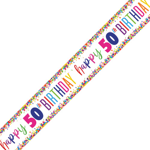 A 50th birthday rainbow confetti foil banner, manufactured by Unique.