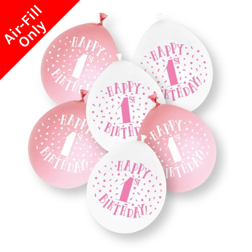 A retail pack of 10 9 inch Pink Happy 1st Birthday Neck Up Assorted Latex Balloons, manufactured by Unique.