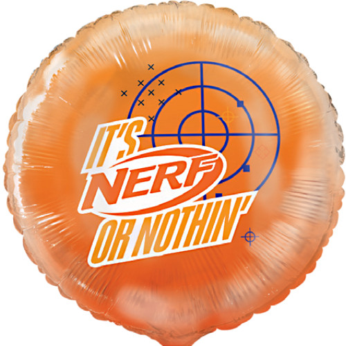 An 18 inch It's Nerf or Nothin' Foil Balloon, manufactured by Unique.