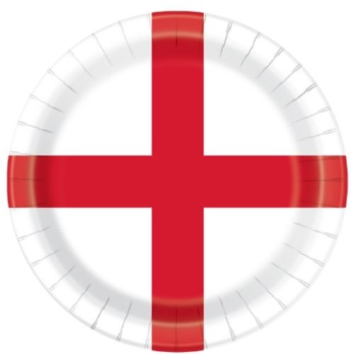 A pack of 8 St George's Cross Paper Plates, manufactured by Unique.
