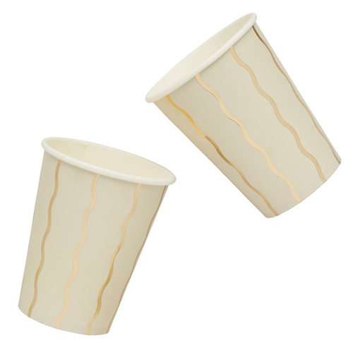 A set of 8 Cream Gold Wavy Paper Cups, manufactured by Hootyballoo.